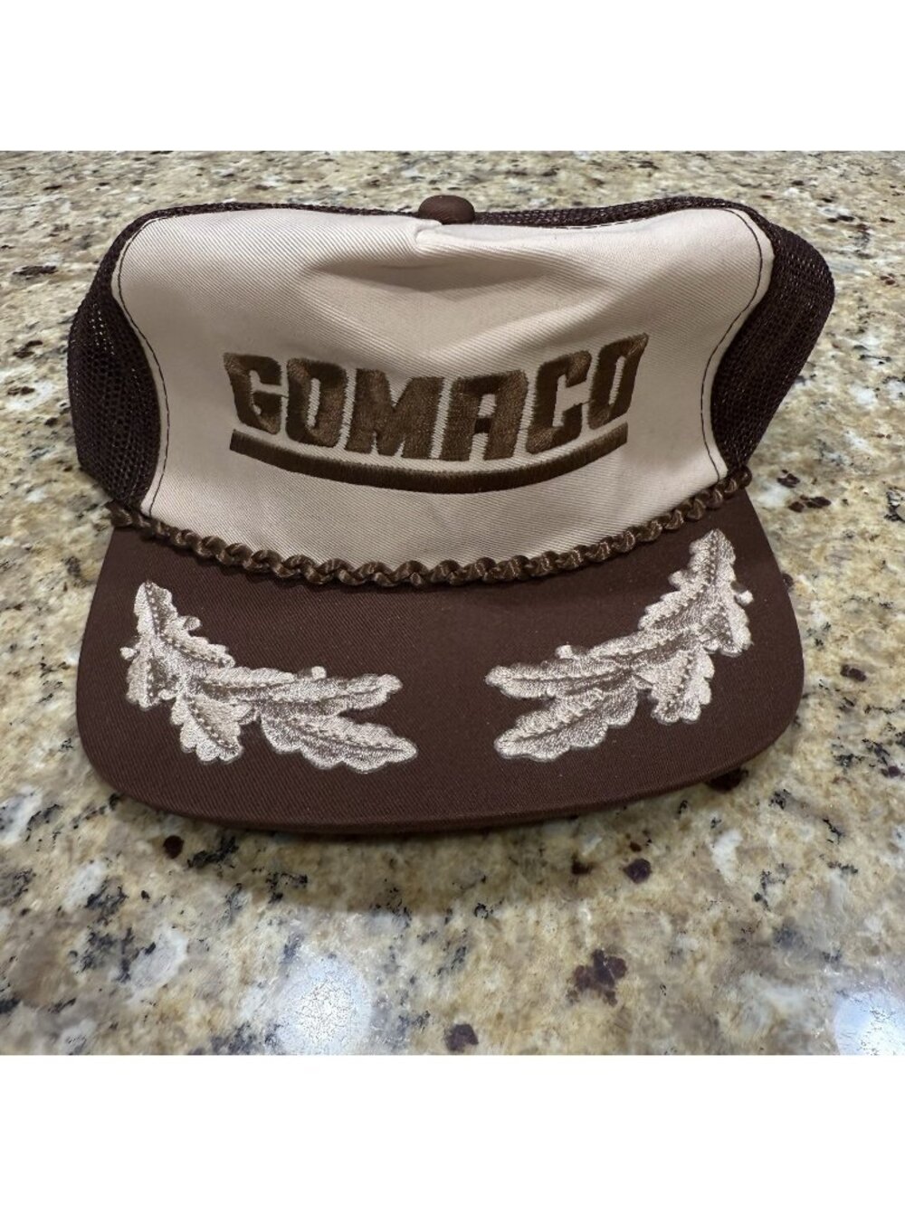 Vintage GOMACO Snapback Trucker Hat Rope Brim Embroidered Brown Oak Leaf Cluster
